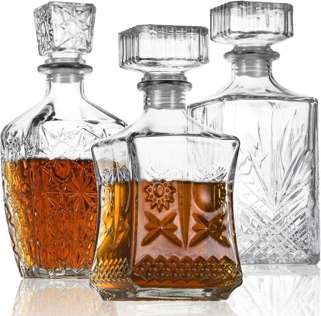 Whiskey Decanter, Liquor Decanters Set of 3, Glass Alcohol Bottle for Vodka, Tequila and Bourbon Unique Whiskey Bar and Party Decorations (28oz*2, 31oz*1)
