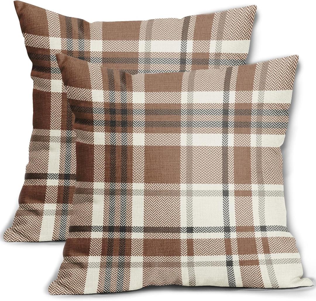 Brown Buffalo Plaid Pillow Covers 18x18 Set of 2 Checkered Tartan Decorative Pillowcases Christmas Holiday Seasonal Outdoor Neutral Rustic Farmhouse Throw Cushion Case Decor for Couch Sofa Bed