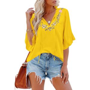Womens Summer Tops 3 4 Sleeve Women Blouses Casual Boho Top Spring Floral Short Sleeve Shirts Vacation (Yellow, M)