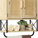 RUSTOWN Farmhouse Medicine Cabinet with 2 Barn Door, Boho Wood Wall Mounted Storage Cabinet with Adjustable Shelf and Towel Bar, 3-Tier Bathroom Cabinet for Bathroom(Rattan,Medium)