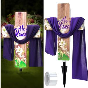 Easter Solar Lighted Cross with Purple Scarf He Is Risen Spring Outdoor Solar Religious Yard Decoration Light up Easter Cross Stakes for Home Outside Church Garden Porch Lawn Memorial Decor