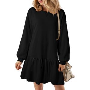 BLENCOT Womens 2025 Fall Long Sleeve Pullover Tops Crewneck Rib Knit Patchwork Sweatshirt Dress Casual Mini Dresses (Large, Black)