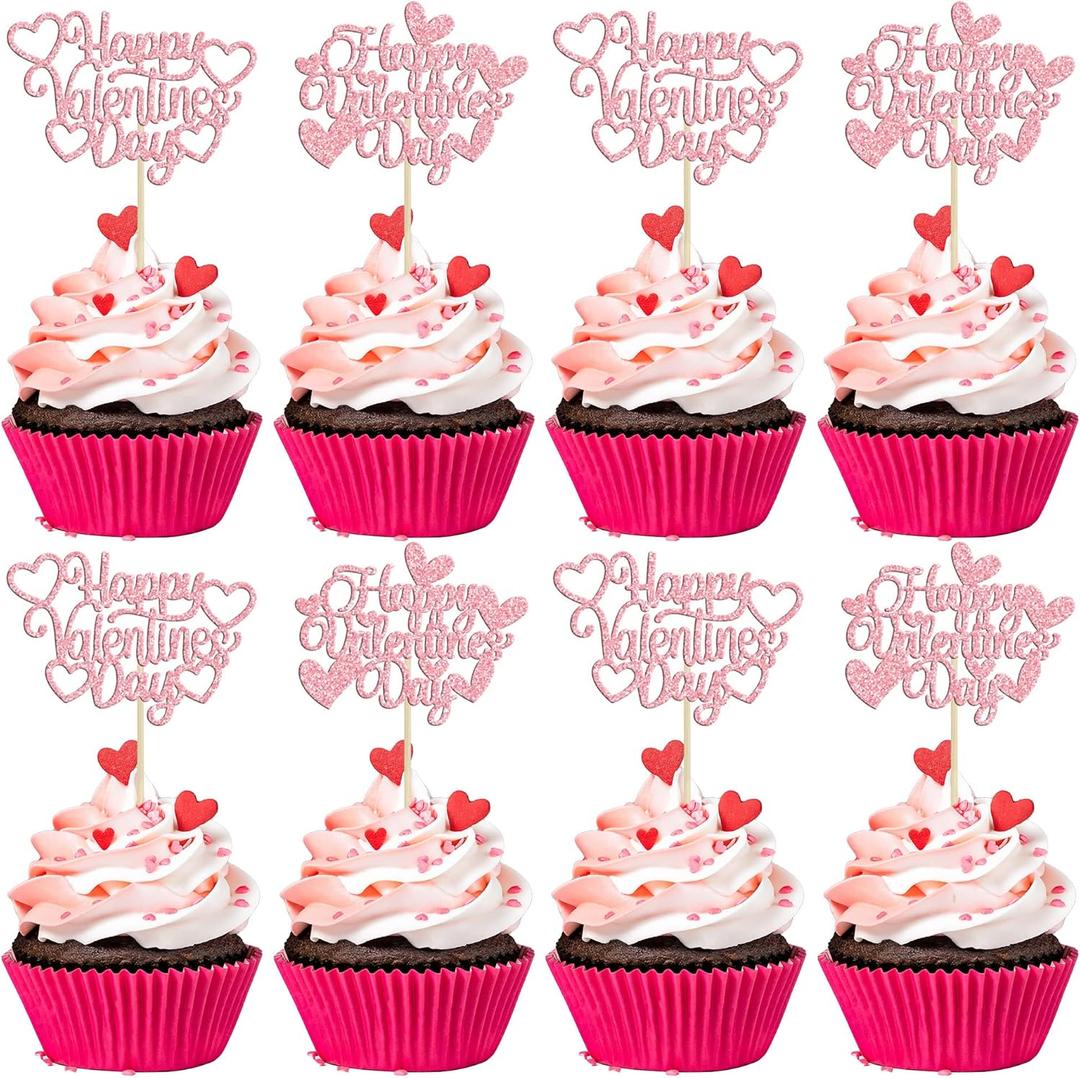 24Pcs Happy Valentine's Day Cupcake Toppers with Heart Glitter Sweet Love Theme Cupcake Picks Valentine's Day Cake Decorations for Valentine's Day Theme Birthday Party Supplies Pink