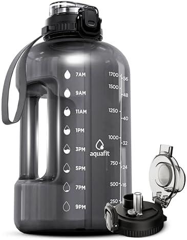 AQUAFIT Half Gallon Water Bottle with Time Marker - Straw & Chug Lid - BPA Free Gym Water Bottle with Straw - Big Gallon Jug (Gray, 64 oz - 2in1 Lid)