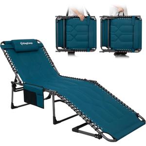 KingCamp Oversized Lounge Chair, Folding Portable Adjustable 5-Position Tanning Chairs 400lbs Heavy Duty Padded Recliner with Side Pocket Pillow for Outdoor Patio Beach Sun Bathing Pool