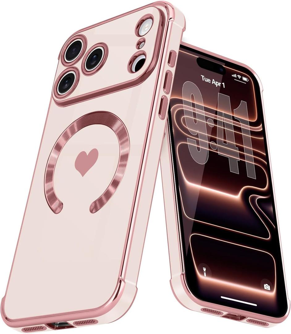 Magnetic Case for iPhone 17 Pro Women Girls Luxury Plating Cute Love Heart Soft Back Cover Full Camera Lens Protection Compabtible with MagSafe for iPhone 17 Pro Case Pink