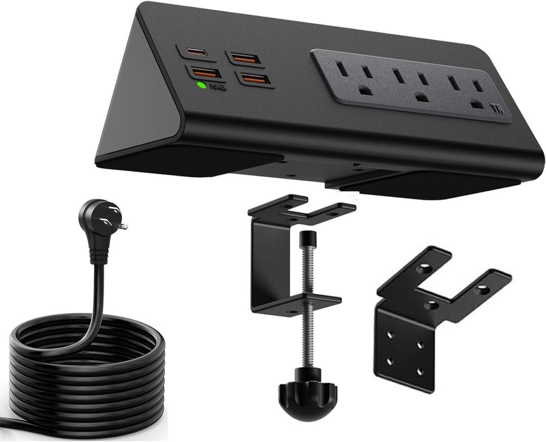Upgraded Version Edge Mount Power Strip with USB-C Ports Tabletop Surge Protector Desk Clamp Power Sockets with 3 AC Outlets &4 Fast Charging USB Ports for Home Office Hotel Dormitory (Black - 1pack)