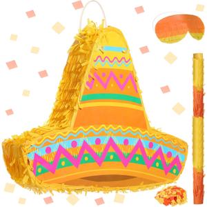 Mexican Themed Party Pinata with Stick Blindfold Confetti Mexican Sombrero Hat Cinco De Mayo Pinata for Cinco De Mayo Fiesta Carnival Birthday Party, 16 x 11 x 3 Inch