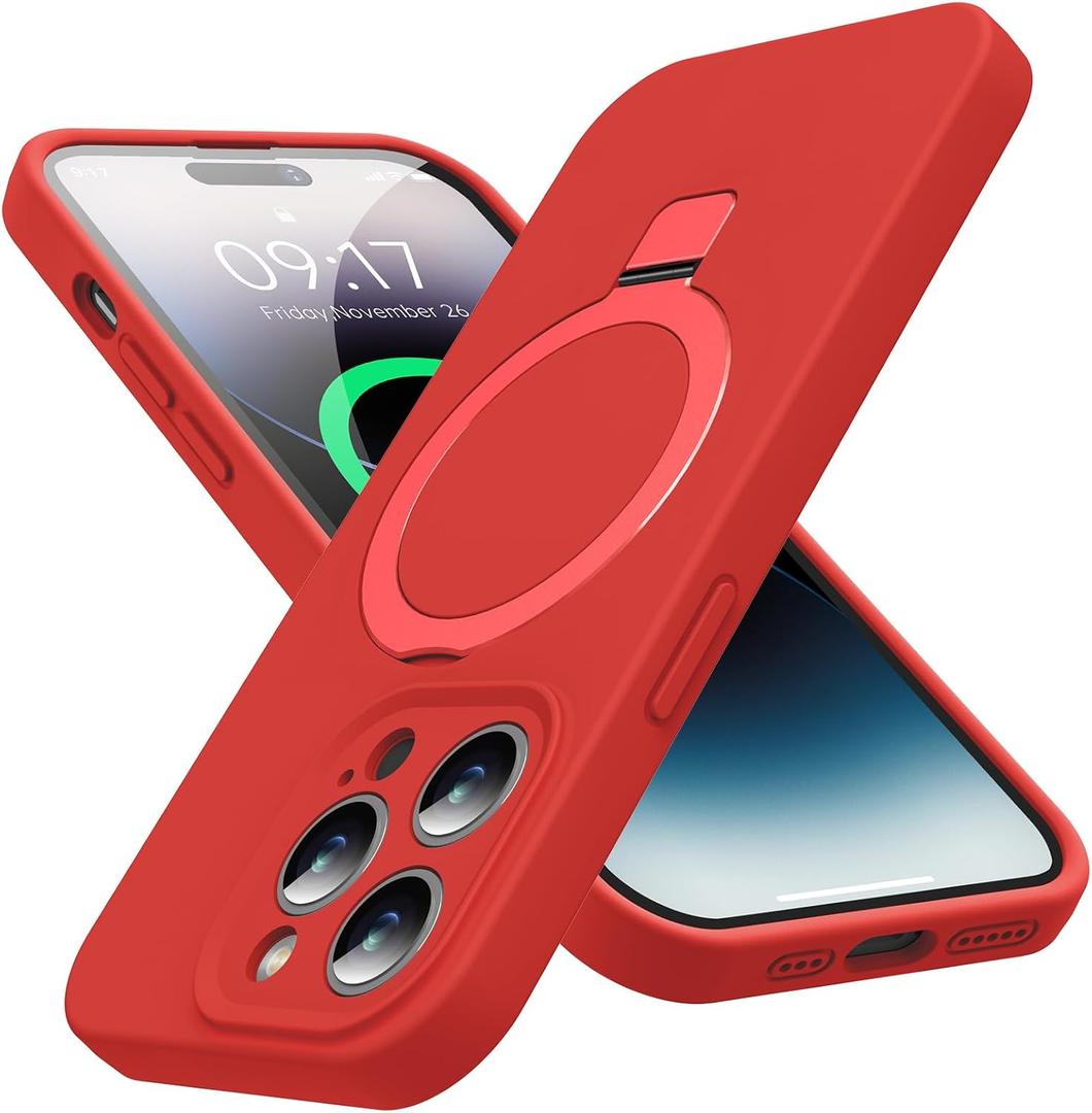 Mag-Ring Designed for iPhone 14 Pro Case, Liquid Silicone [Moisturizing Factor] Extreme Soft Slim Phone Case with Stand [Compatible with MagSafe] for 14pro 6.1 inch Men Women, Dark Green