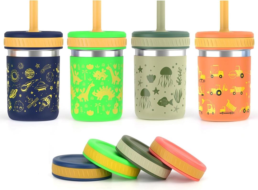 Sursip Stainless Steel Toddler Cups with Straws and Lids, Spill Resistant Sippy Cups Kids Tumbler with Silicone Straw for Smoothie, Drinking, Snacks, BPA-Free, Dishwasher Safe - 15 oz (4 Packs)