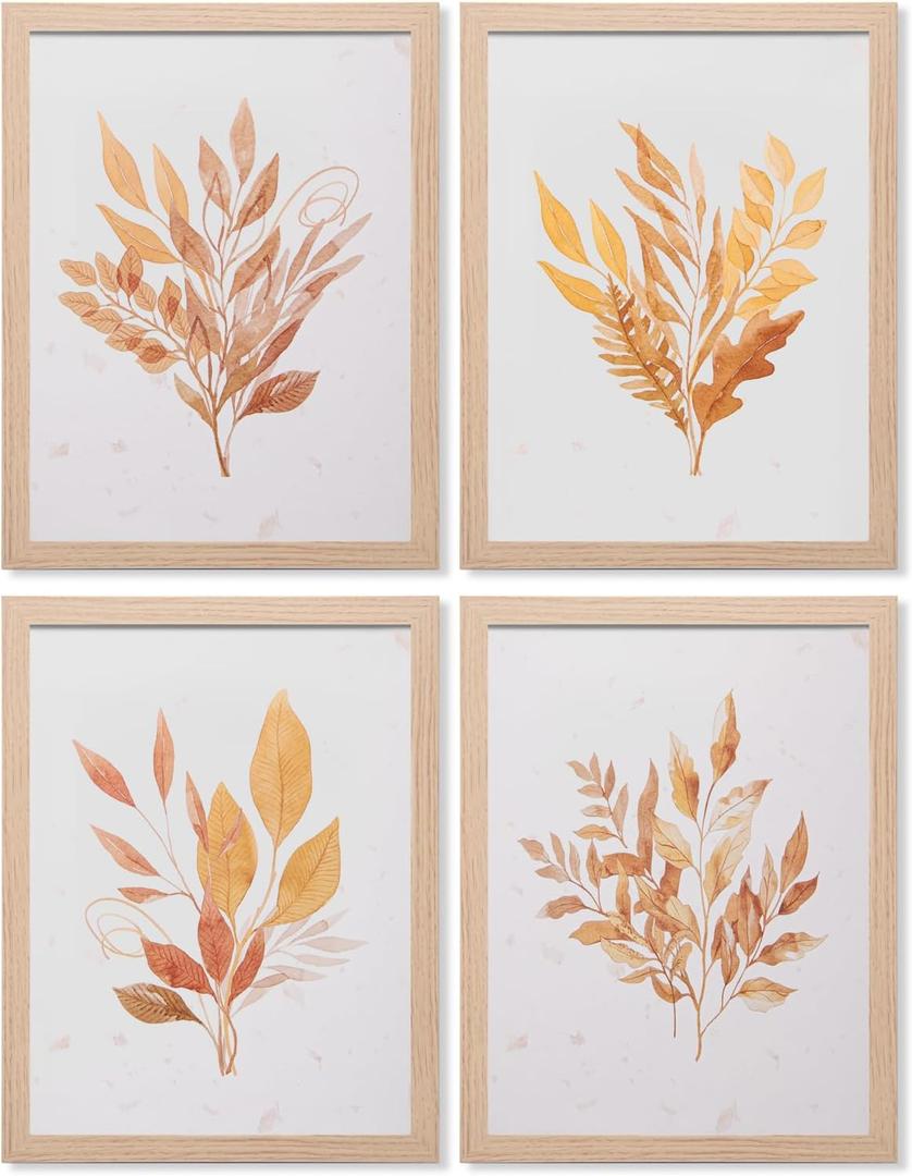 LONGKING Framed Art, Botanical Wall Art Decor, Gold Plant Picture Frame Collage Set for Home, Living Room Decoration, Bathroom (4 Pack, 10x8) (8in x 10in)
