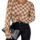 SOLY HUX Women's Checkered Sweater Long Sleeve Ribbed Knit Drop Shoulder Pullover Crop Tops, Medium