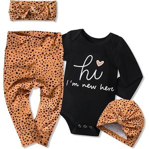 WIQI Baby Girl Clothes, Newborn Girl Letter Print Romper Tops +Cute Pants +Hat +Headband 4PCS Spring Summer Outfits Set Size 60