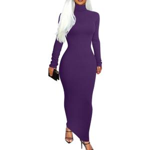 Memoriesea Women's Basic Turtleneck Long Sleeve Ribbed Bodycon Fall Slim Solid Maix Pencil Dress (Medium, Purple)