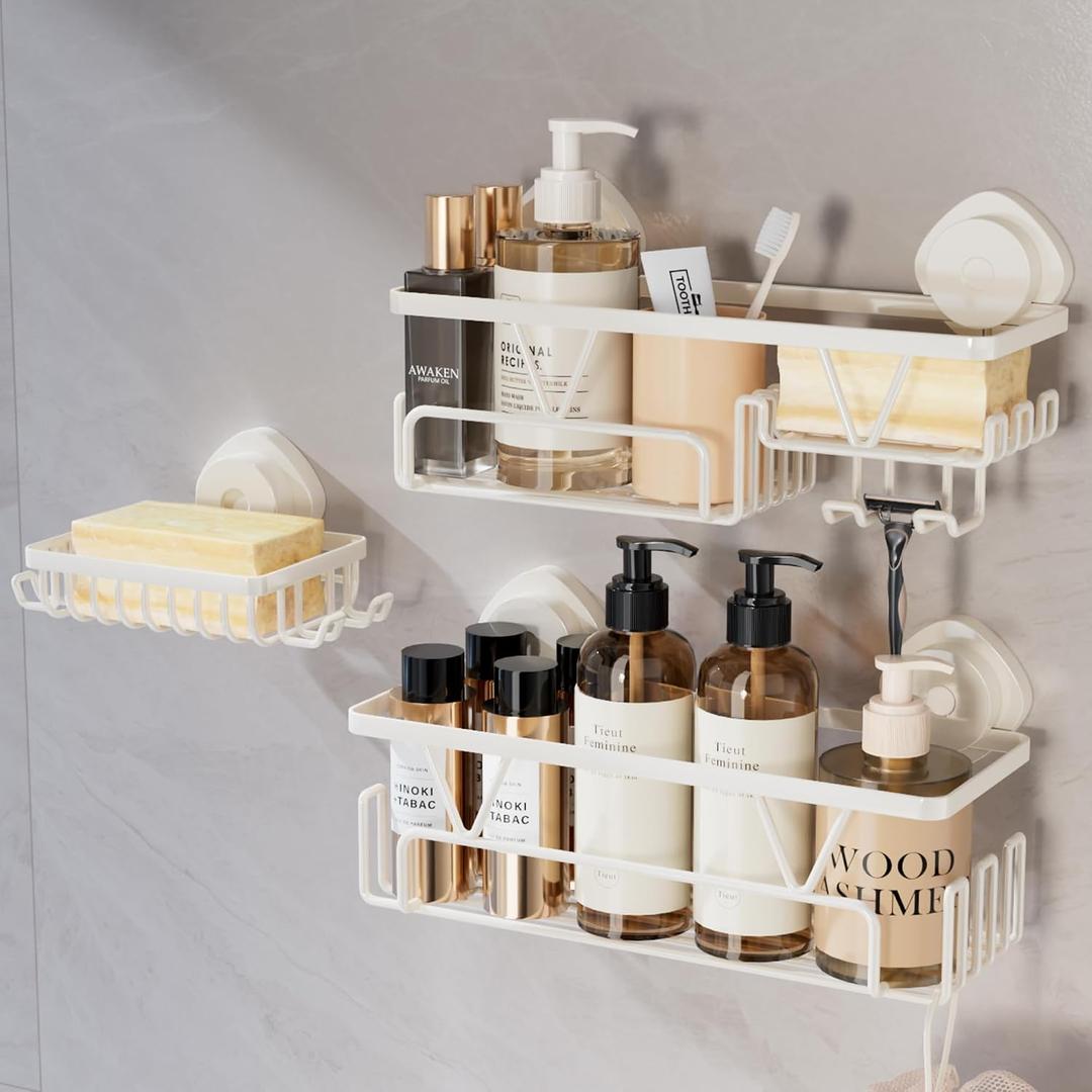 KEGII Shower Caddy Suction Cup 3 Pack Suction Bathroom Organizer Shelf with Soap Holder & Hooks, Rustproof Removable Shower Organizer for Shampoo, Metal Bathroom Storage Rack, Cream White