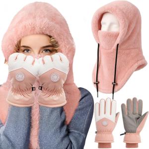 Winter Ski Mask Fleece Balaclava Hood with Touchscreen Ski Gloves Windproof 3 in 1 Thermal Beanie Hat for Men Women (Pink)