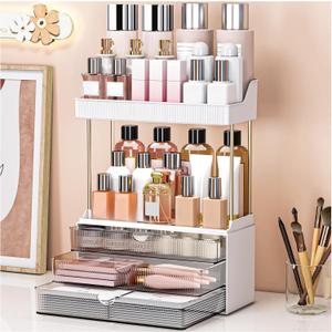 caktraie Bathroom Organizers and Storage - 3 Drawers 2 Tier Makeup Organizer, Cosmetic Storage Drawer for Dresser Countertop and Bathroom Vanity for Large Skincare, Perfume, Grey (1 PACK)