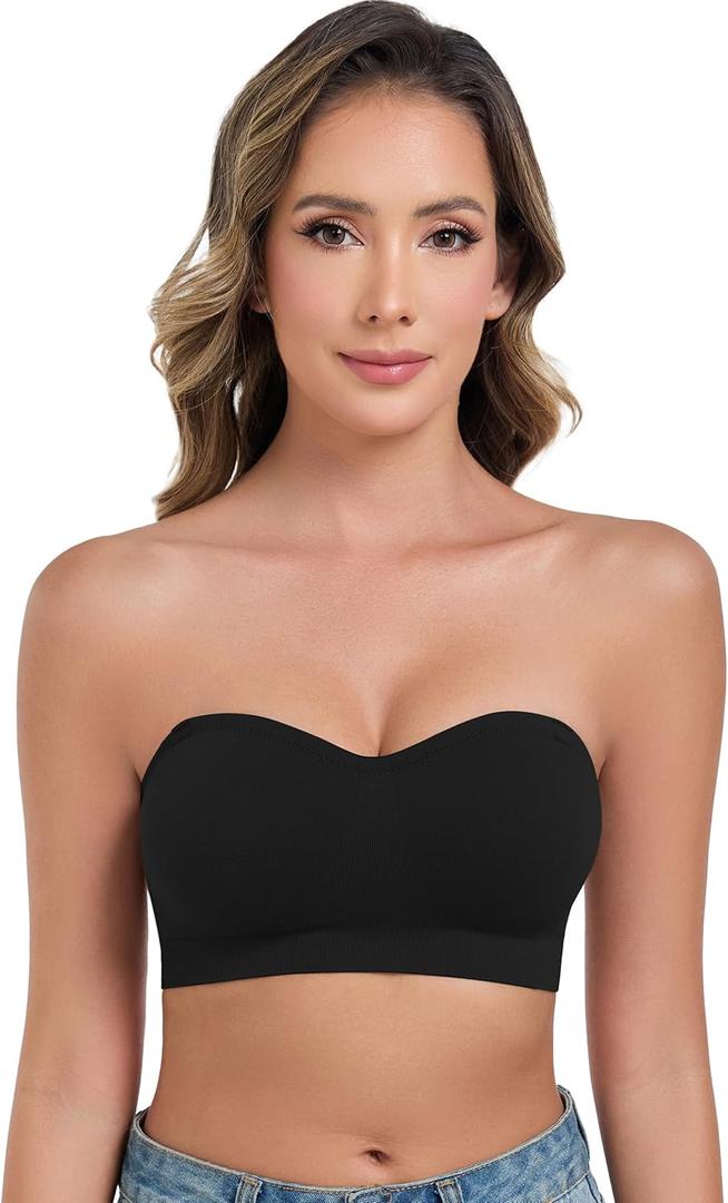 ANGOOL Strapless Bras for Women Wirefree Non-Slip Tube Top Invisible Bralette Seamless Padded Bandeau Bra (Large, Black)