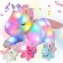 Hopearl LED Musical Stuffed Unicorn Playset Lighting Up Singing Plush Toy Mommy Unicorn with 3 Baby Unicorns in her Tummy Lullaby Animated Soothe for Mom Toddlers Girls, Rainbow, 19''