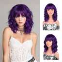 Purple Wigs, 14 Inch Dark Purple Short Bob Wigs with Bangs for Women Girls, Loose Wavy Hair Shoulder Length Synthetic Colourful Wig for Cosplay Daily Party Use, Adjustable Straps Wigs with Wig Cap