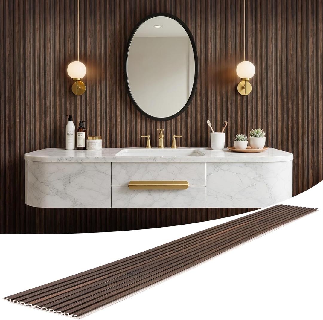 WPC Slat Wall Panels 8 Pack 96" x 8.2", Waterproof Fluted Wall Paneling, Accent 3D Wall Panel for Wall Decor, Bathroom, Bedroom, Office - Widen Low Grille Walnut (Cover Approx.44 sq.ft)