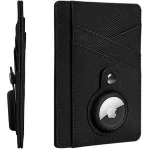 Minimalist Wallet with AirTag Holder Credit Card Holder Slim Wallet for Women, Leather Front Pocket Wallet Compact Small Card Holder Travel Thin Card Case ID Window RFID Blocking (Black)