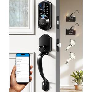 Veise VE07-H Fingerprint Smart Locks for Front Door with Handle Set, App Control, Keyless Entry Keypad Deadbolt, Digital Electronic Touchscreen, Easy Install, Auto Lock, Matte Black