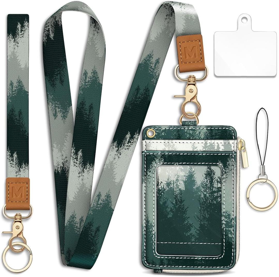 Misty Forest Lanyard Wallet with Id Badge Holder, Small Keychain RFID Wallet Women, Zipper Credit Card Holder Phone Wrist Wristlet Neck Strap for Key Name Tag, Teacher Student Office Gifts