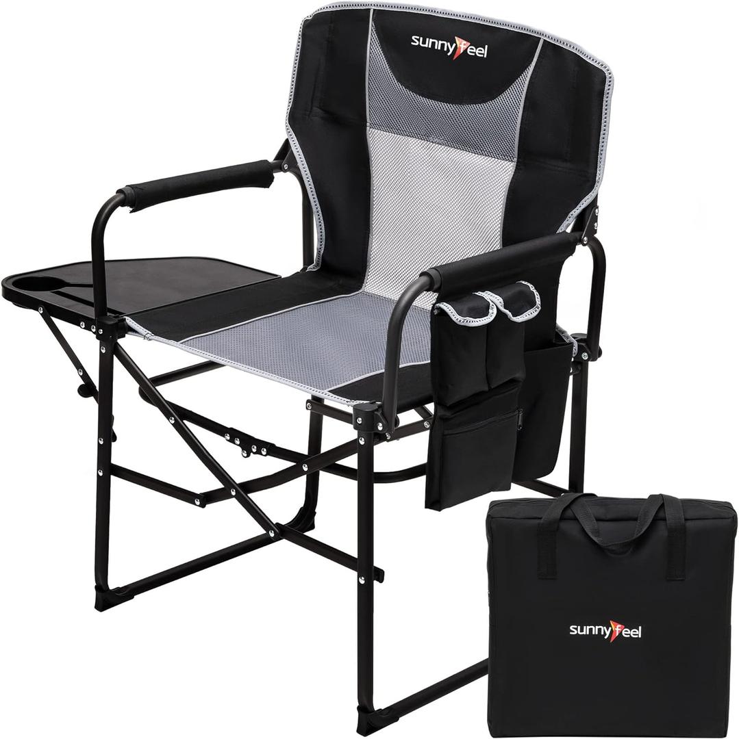 SUNNYFEEL Camping Directors Chair, Heavy Duty,Oversized Portable Folding Chair with Side Table, Pocket for Beach, Fishing,Trip,Picnic,Lawn,Concert Outdoor Foldable Camp Chairs, 21D x 25W x 36H in
