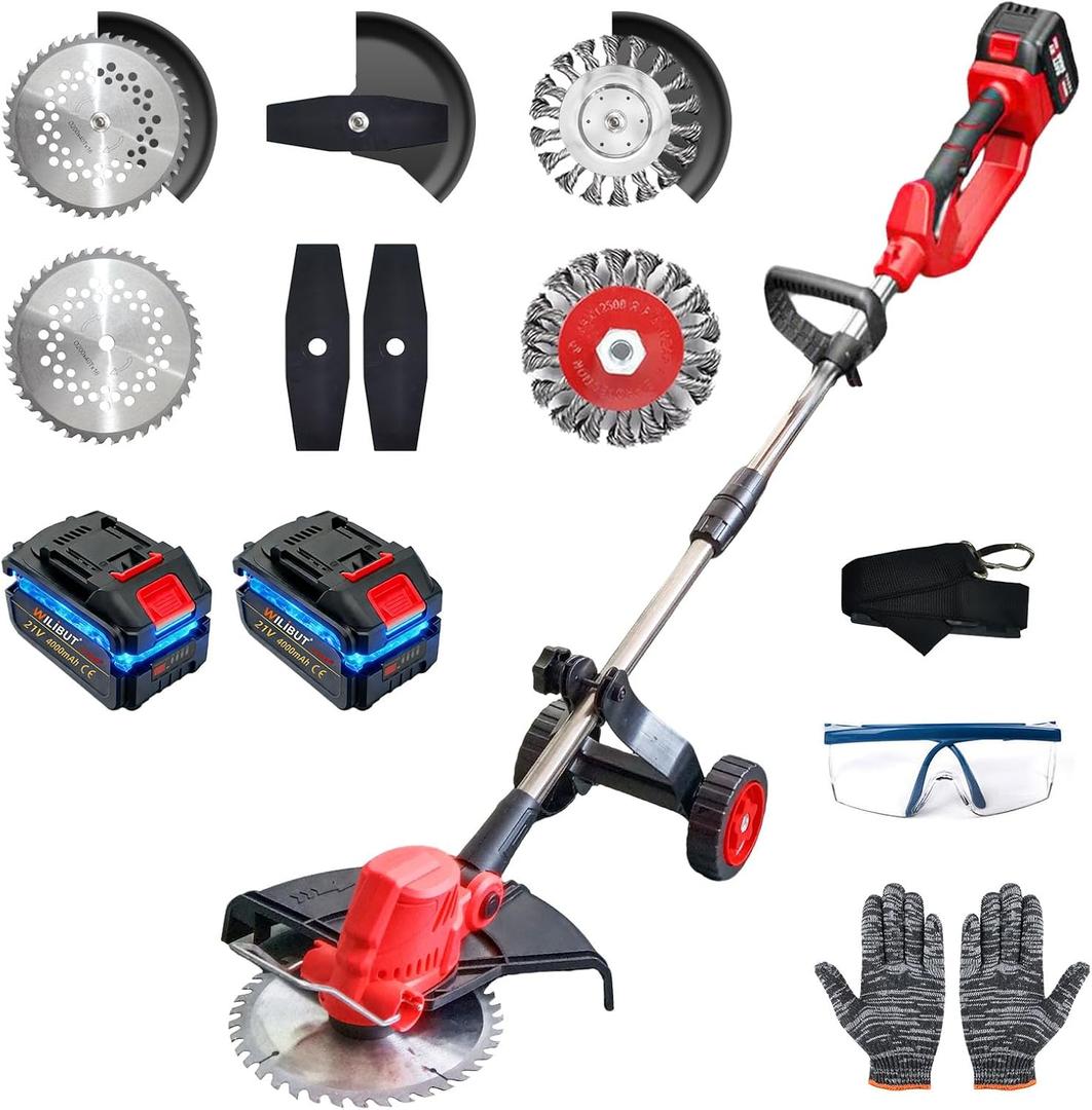 Electric Weed Wacker with Wheel, 3-in-1 Brushless Brush Cutter/String Trimmer/Grass Trimmer/Lawn Mower, 12" Cordless Weed Eater Battery Powered, 2 * 4000mAh Battery, 4 Blade and Charger