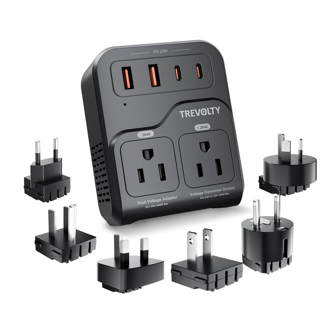 2000W Voltage Converter US to Europe, 220V to 110V Converter for Hair Dryer, 7-in-1 European Travel Plug Adapter with 3AC/2USB-A/2USB-C (PD20W), Travel Essentials (Black)
