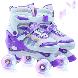 Kids Roller Skates for Girls-Outdoor 4 Size Adjustable Butterfly Quad Rollerskates for Indoor Ages 3-12 Years Beginners Children's Birthday Gift with Light Up Wheels patines para nias Indoor (Purple)