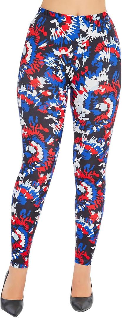 sissycos Women's 80s Leggings Neon Artistic Splash Printed Buttery Soft Stretchy Pants (Medium, Patriotic Tie-dye)