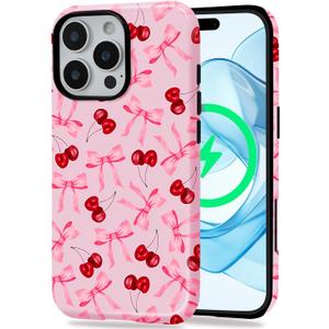 EWAIDI Magnetic Case for iPhone 16 Pro, Cute Pink Bow Cherry Print Aesthetic Trendy Pattern, Soft TPU Hard PC Case, with MagSafe for Women Girls-Cherry