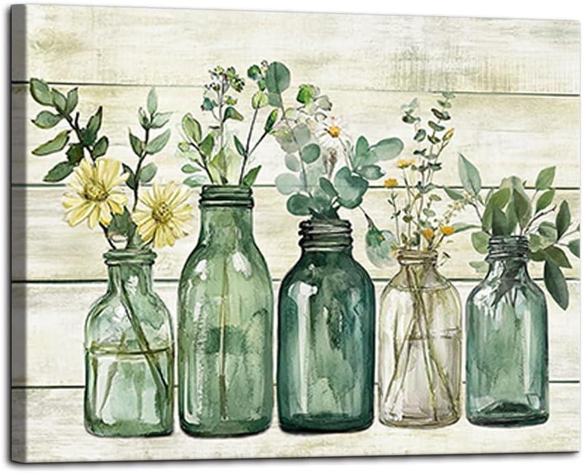 Yaoliyu Rustic Bathroom Decor Eucalyptus Flower Canvas Wall Art Green Botanical Prints Plant Floral Glass Vase Painting Bathroom Picture Wall Decor Farmhouse Artwork 16x20inch