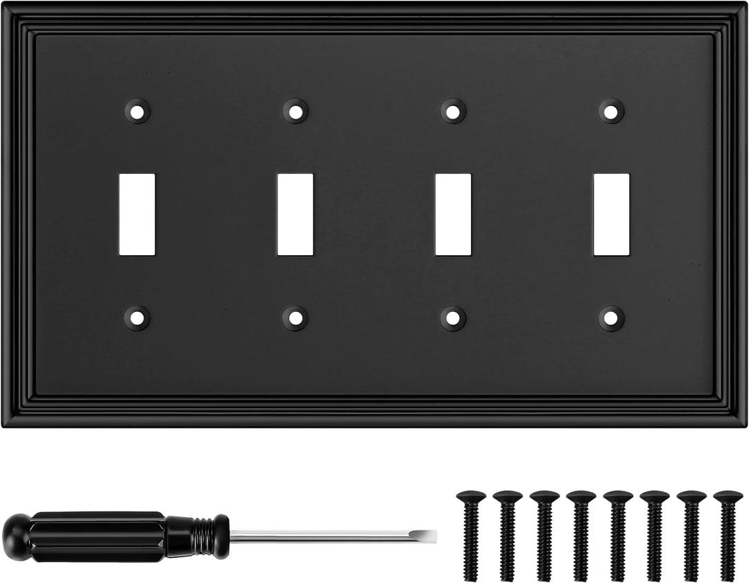 Black Modern Decorative Wall Plate Light Switch Cover Decorator Outlet Covers Rocker Switch Plates Bamboo Fiber Material Wall Plates for Kitchen Bathroom (4 Gang Quad Toggle-1 Pack)