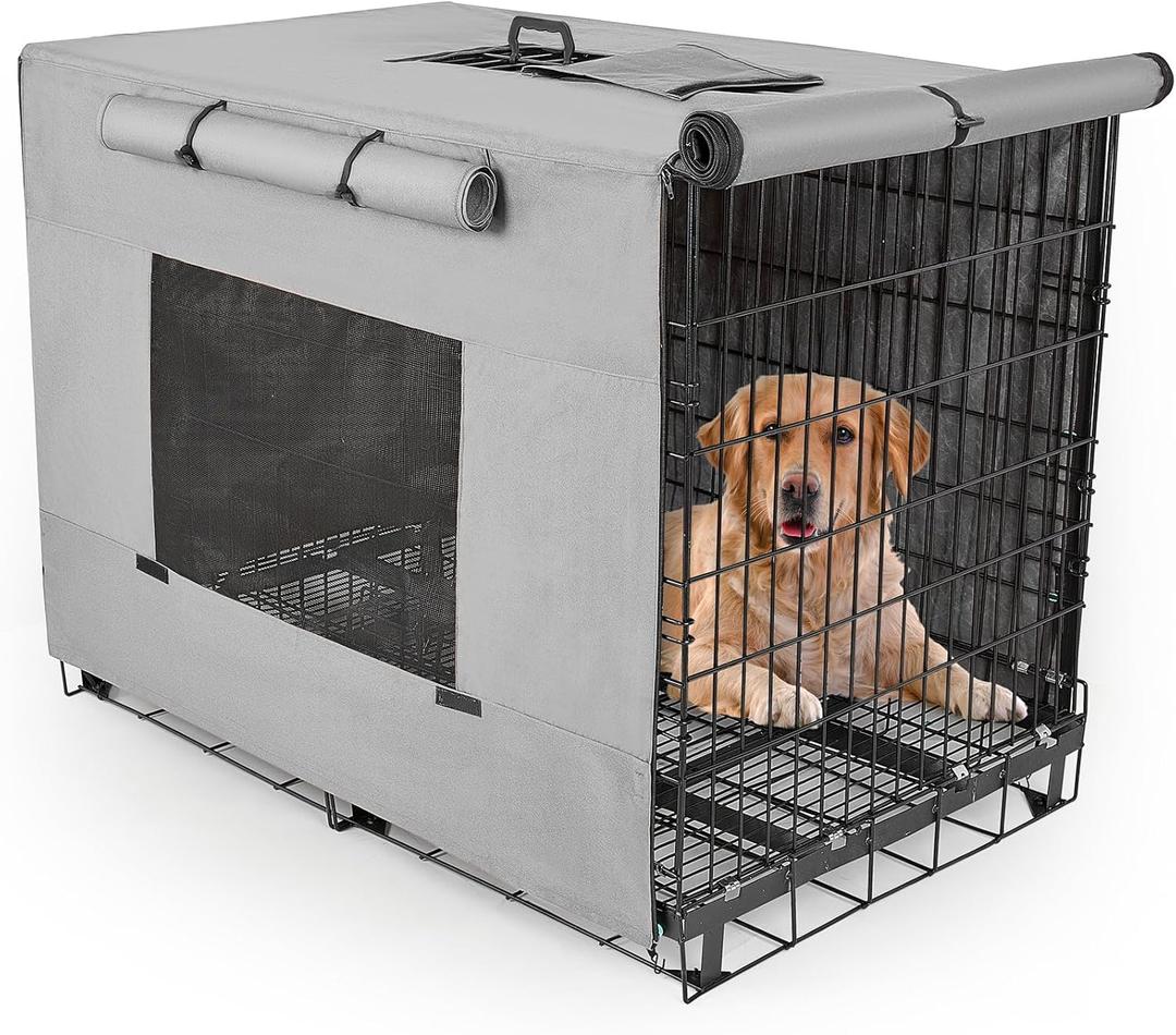 Dog Crate Cover 24 Inch Thickened Dog Kennel Cover Windproof Puppy Cage Cover with Mesh Windows on Both Sides Portable Crate Covers for Dogs Cages Fit for Indoor/Outdoor Use (Grey)