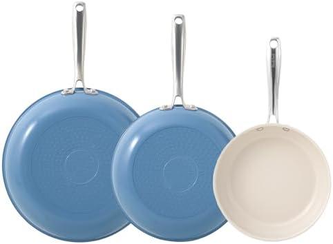 Redchef Non Stick Ceramic Frying Pan Set, Non Toxic Ceramic Pans for Cooking, 8" 9.5" 11" Skillet Set, No PFAS & PTFE & PFOA with Stainless Steel Handle, Dishwasher & Oven Safe Max up to 842°F (Blue)