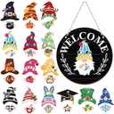 Qunclay 31pcs Interchangeable DIY Gnome Welcome Sign Magnetic Diamond Art Painting Kit for Front Door, Detachable Hat Holiday Decor with Tools, Summer Holiday Handmade Gift for Wall Door(Black)
