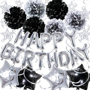 3 x Black and Silver Birthday Decorations for Men Women, Silver Happy Birthday Balloon Banner with Star Balloons, Paper Flowers, Hanging Swirls for Party Decorations