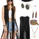 6 PC Cowgirl Western Outfits for Women Retro Cowgirl Costumes Fringe Vest Cow Girl Hat for Women Country 70s Hippie Outits, Size S