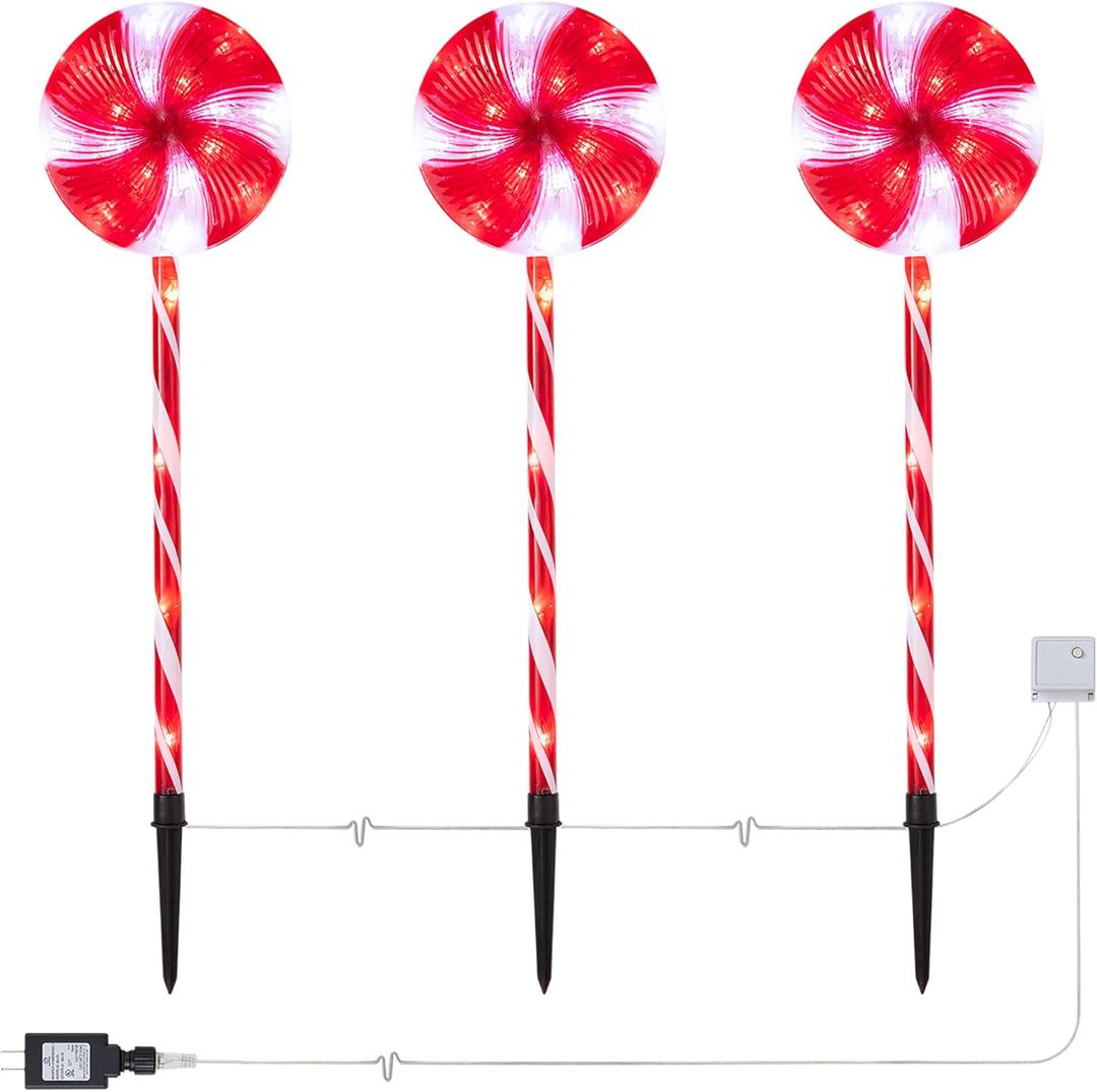 Alpine Corporation 28" Tall Outdoor Christmas Candy Cane Pathway Stake Lights with Multi-FunctionLED, Set of 3, Festive Lawn and Garden Holiday Decor, Red and White