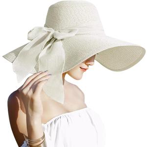 Lanzom Womens 5.7 Inches Big Bowknot Straw Hat Large Floppy Foldable Roll up Beach Cap Sun Hat UPF 50+