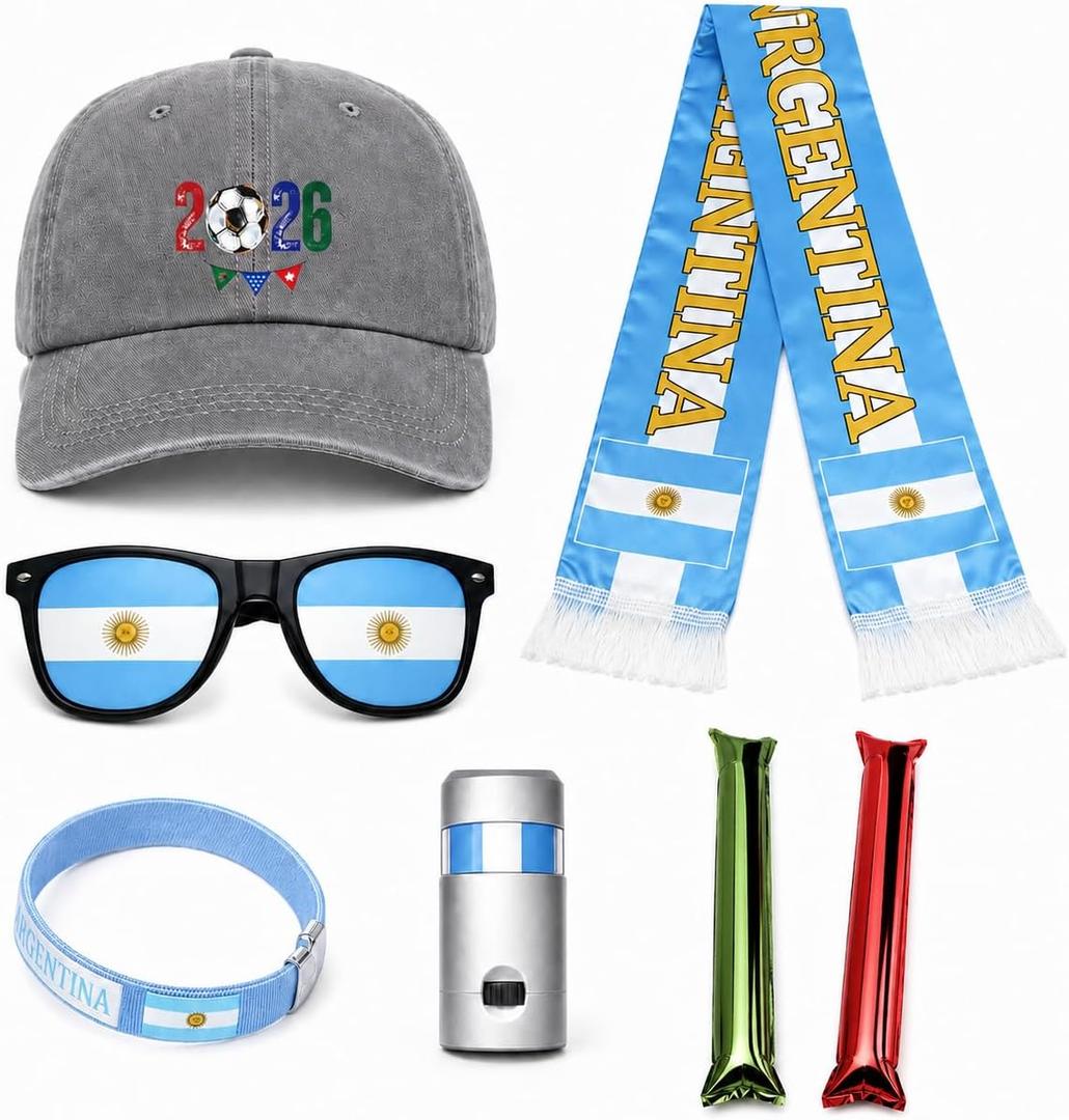 Argentina Soccer Fan Gear Set, 7 Pcs 2026 Game Day Accessories with Hat, Scarf, Flag Sunglasses, Wristband, Flag Face Paint & Cheer Sticks, Soccer Party Supplies for Watch Parties