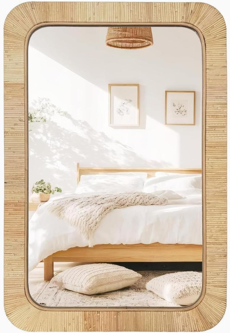 Rattan Rectangular Mirror 24x36, Boho Decorative Wall Mirror for Bathroom, Farmhouse Vanity Mirror for Nursery, Bedroom, Living Room Decor, Nursery & Children's Room