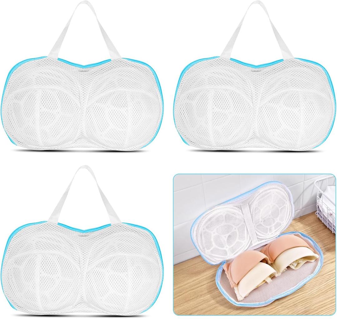 3Pcs Large Bra Washing Bags for Laundry, Lingerie Bag Underwear Brassiere Washing Bags with Zipper (Blue, A to C Cup)