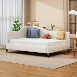Merax Full Size Bed Frame daybed, L-Shaped Linen Daybed Corner Sofa with Solid Wood Legs for Living Room & Guest Room, No Box Spring Needed, Beige