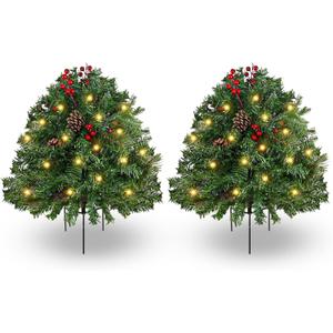 2 Pack Lighted Artificial Christmas Urn Filler 23 Inch, Battery Operated Prelit Mini Xmas Trees, Tripod Stake and LED Lights Christmas Porch Decorations