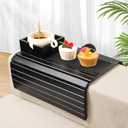 Joy&Grace Sofa Armrest Tray with Large Mug Holder, Bamboo Couch Arm Tray, AntiSlip Couch Cup Holder Foldable Sofa Arm Table for Eating Drinks Cellphone (Color Black)