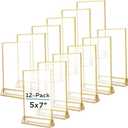 TonGass 12-Pack 5"x7" Standard Double-Sided Acrylic Wedding Table Numbers Picture Frames, Clear Sign Holders with 3mm Gold Border & Vertical Stand